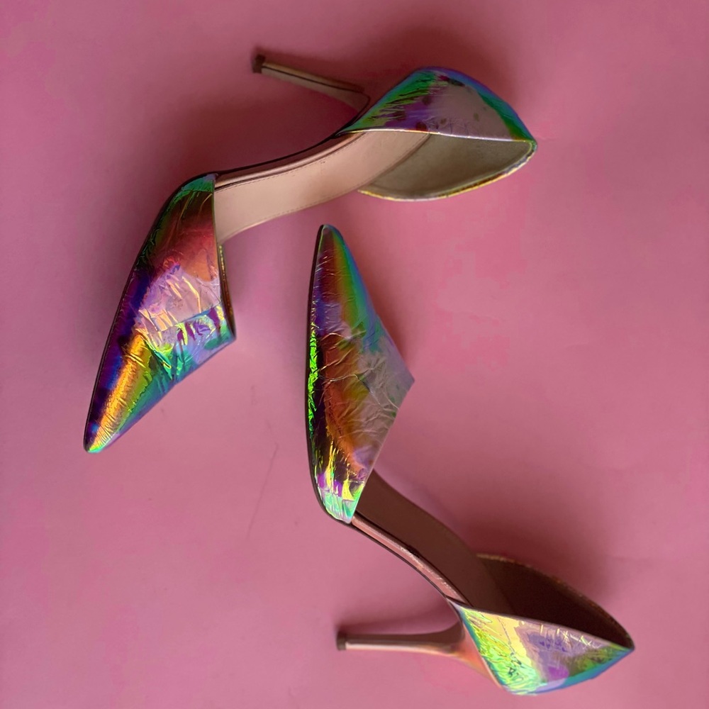 J CREW heels with pointy toe and fabulous holographic design.